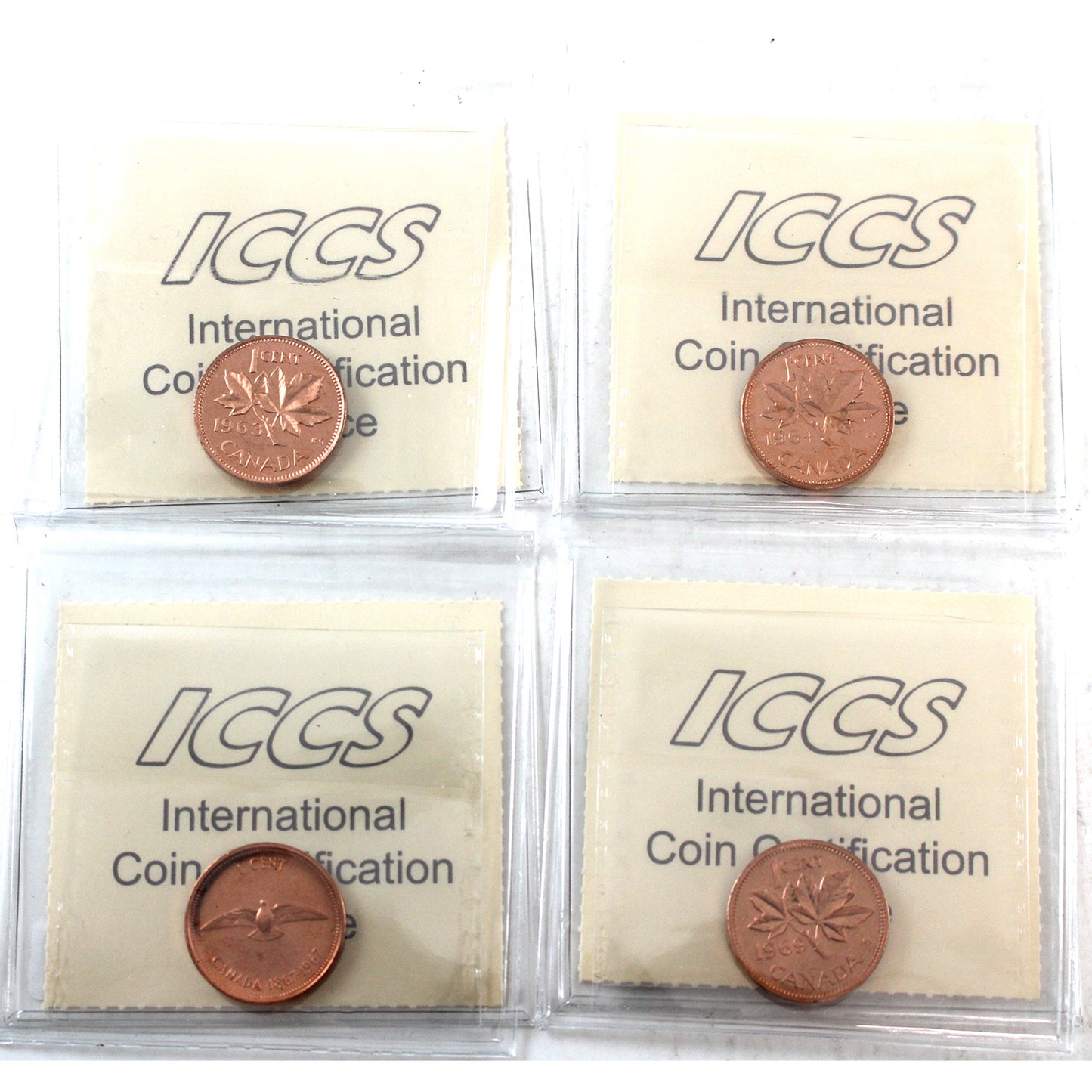 Group Lot of 1963, 1964, 1967 & 1969 Canada 1-cents ICCS Certified PL-66 UHC, Red, 4pcs