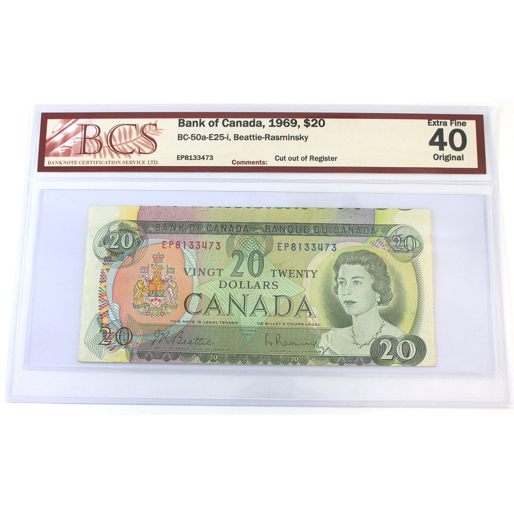 BC-50a-E25-i 1969 Canada $20 B-R, Cut out of Register, EP BCS Certified EF-40 Original