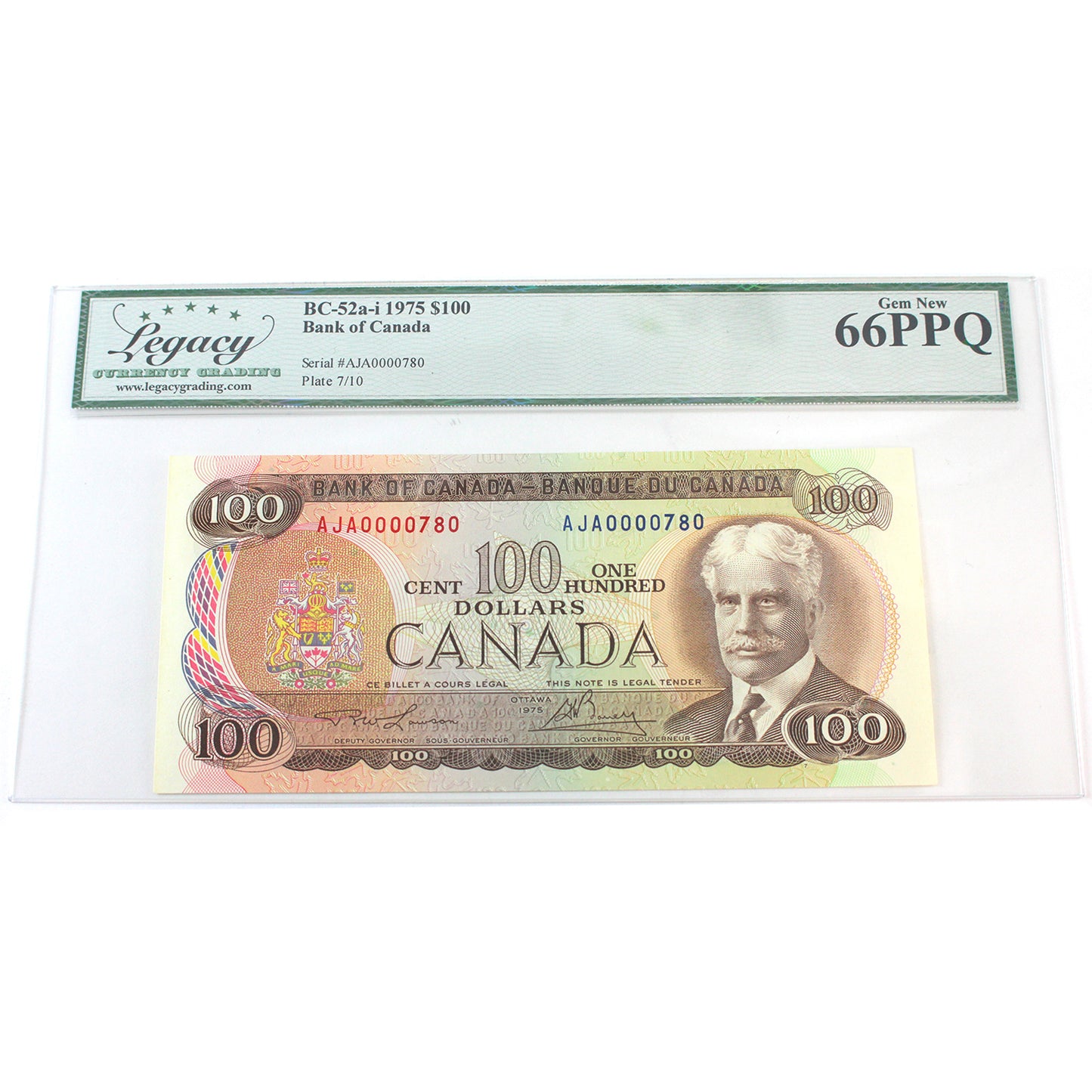 BC-52a-i 1975 Canada $100 Lawson-Bouey, Low Serial # AJA0000780 Legacy Cert. GUNC-66 PPQ