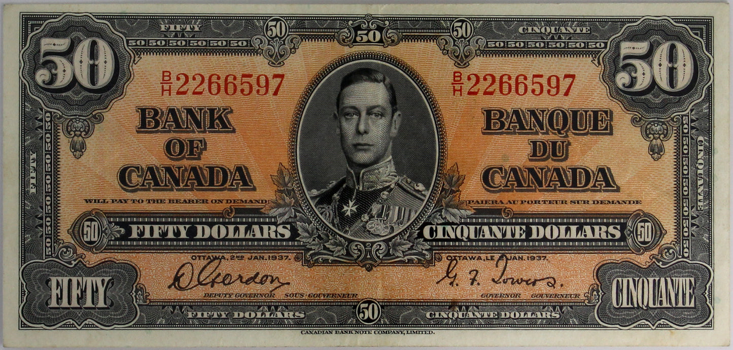 BC-26b 1937 Canada $50 Gordon-Towers, Changeover, B/H BCS Certified EF-45 Original