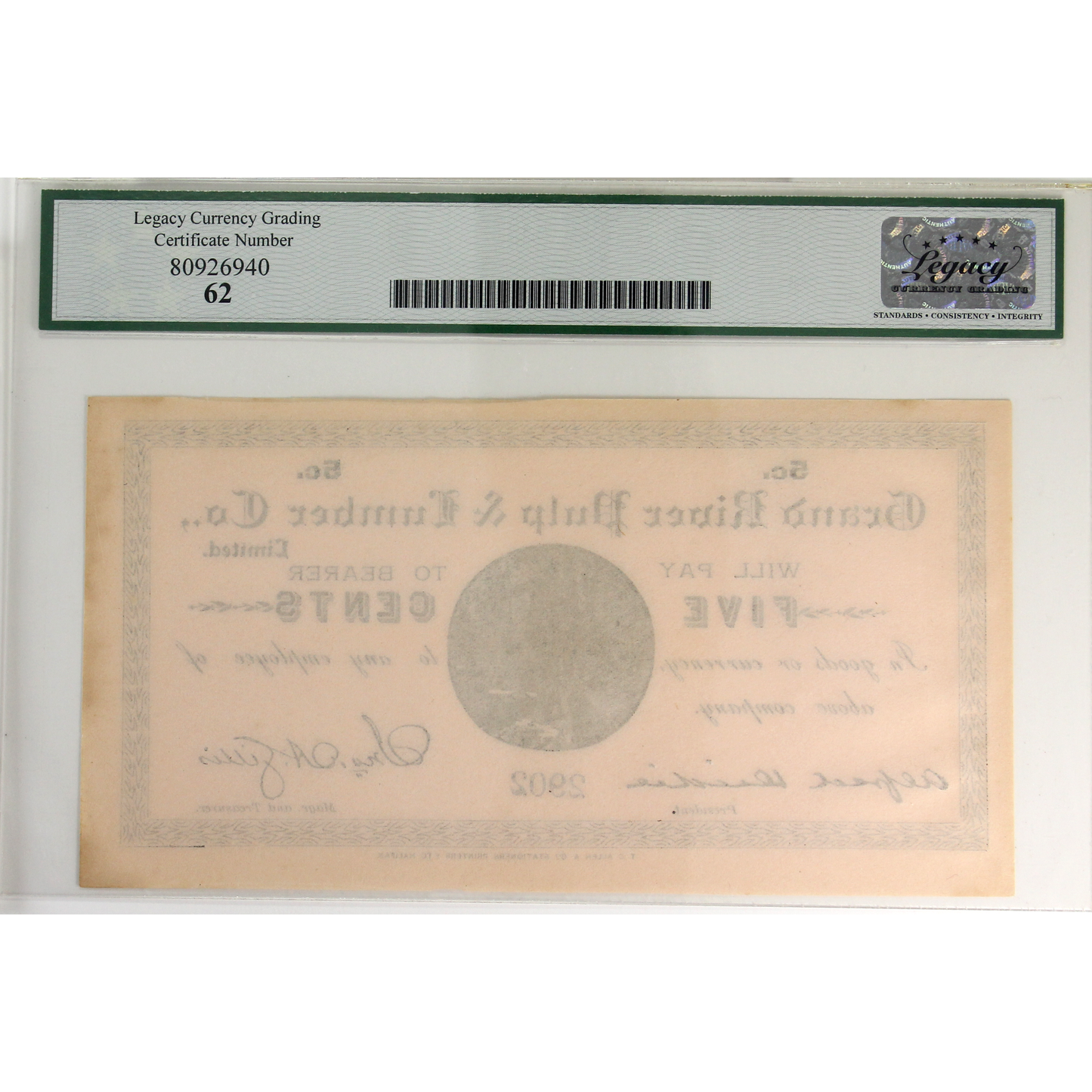 Ca. 1911 Grand River Pulp & Lumber Co. 5-cents Merchant Scrip Legacy Certified UNC-62