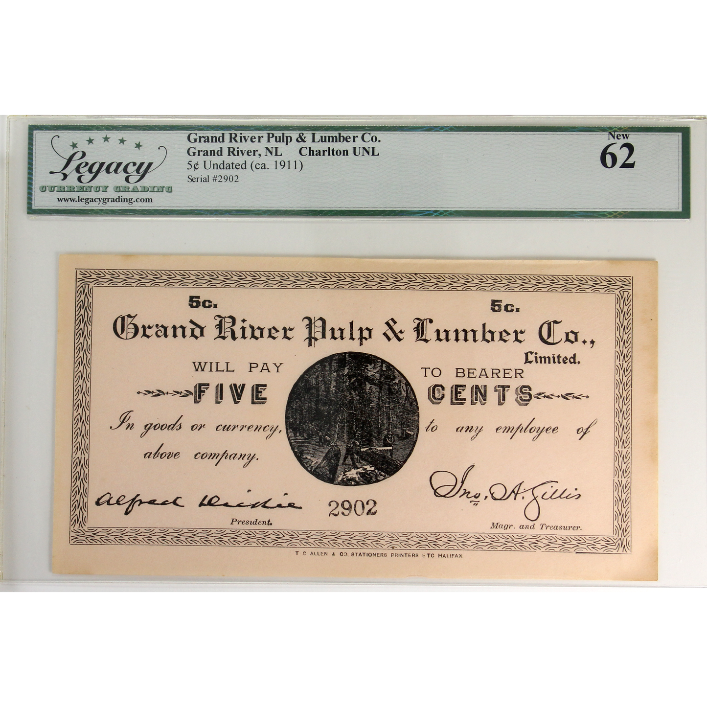 Ca. 1911 Grand River Pulp & Lumber Co. 5-cents Merchant Scrip Legacy Certified UNC-62