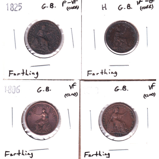 Lot of 4x Great Britain 1806-1875 Farthings F-VF to VF-EF, 4Pcs (Corrosion or Cleaned)