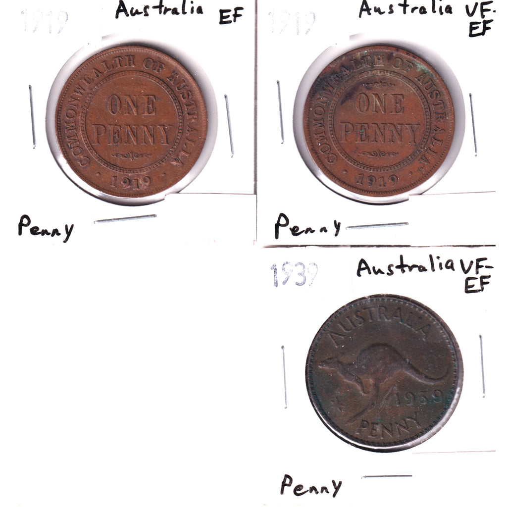 Lot of 2x Australia 1919 & 1x 1939 Pennies VF-EF (VF-30) or Extra Fine (EF-40), 3Pcs