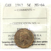 1943 Tombac Canada 5-cents ICCS Certified MS-64