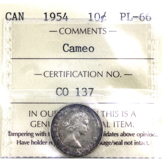 1954 Canada 10-cents ICCS Certified PL-66 Cameo