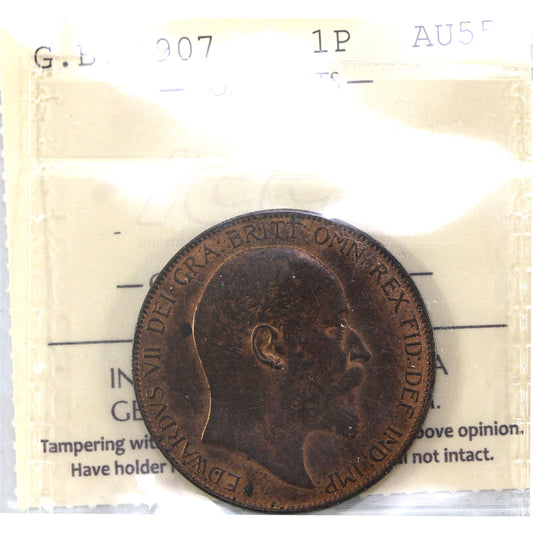 Great Britain 1907 Penny ICCS Certified AU-55