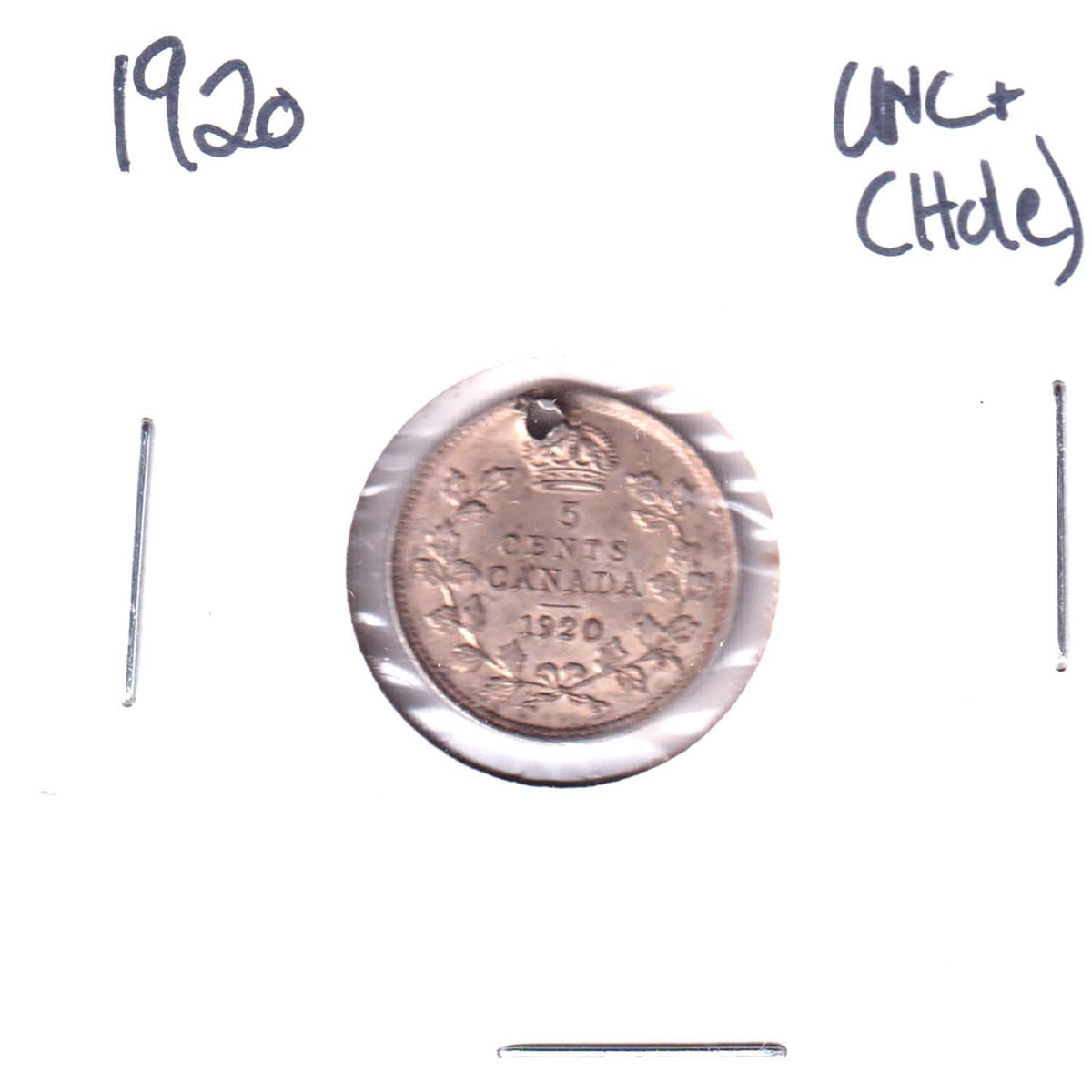 1920 Canada 5-cents UNC+ (MS-62) Hole