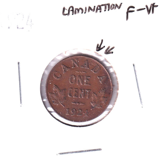 ERROR 1924 Canada 1-cent F-VF (F-15) Lamination