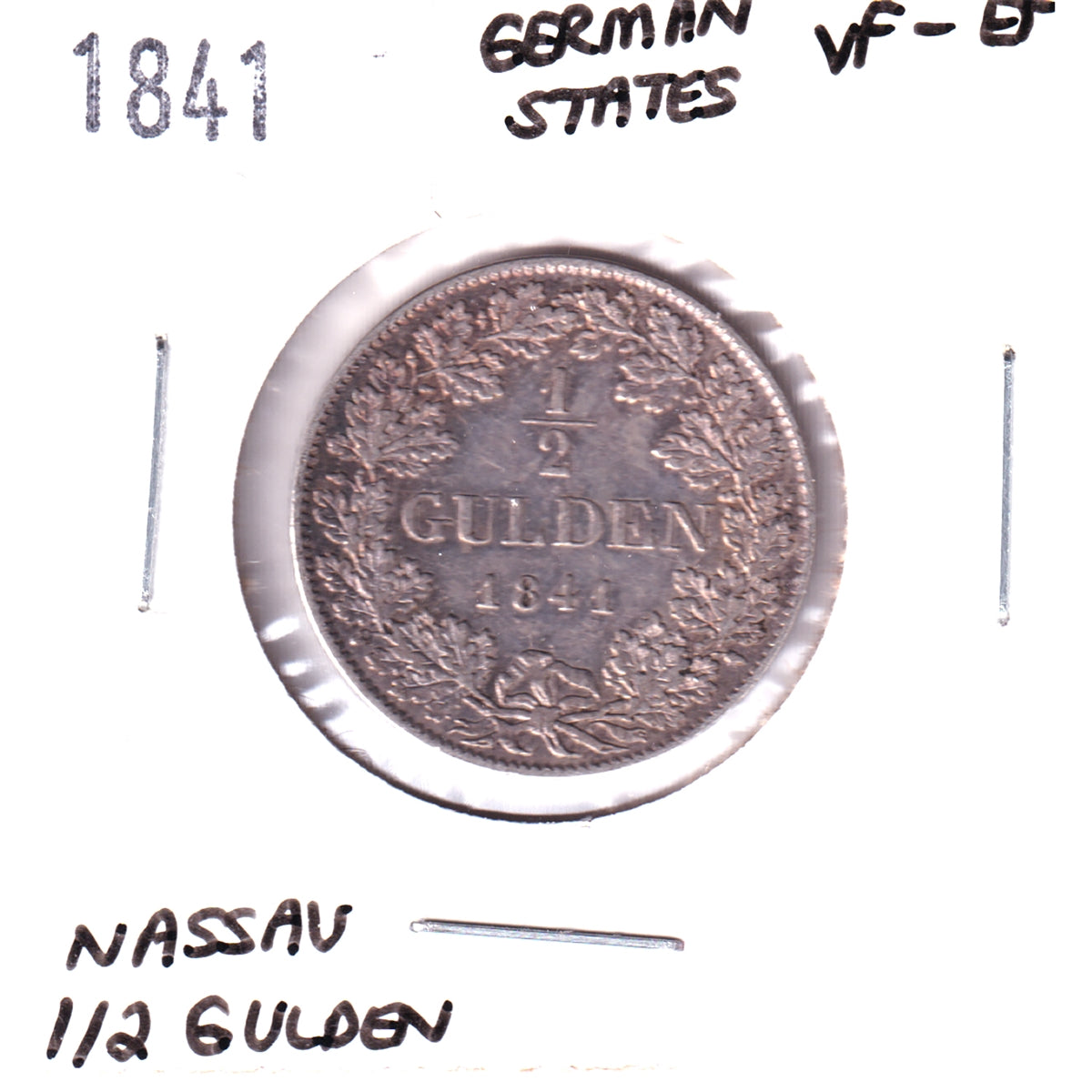 German States 1841 Nassau 1/2 Gulden VF-EF (VF-30)