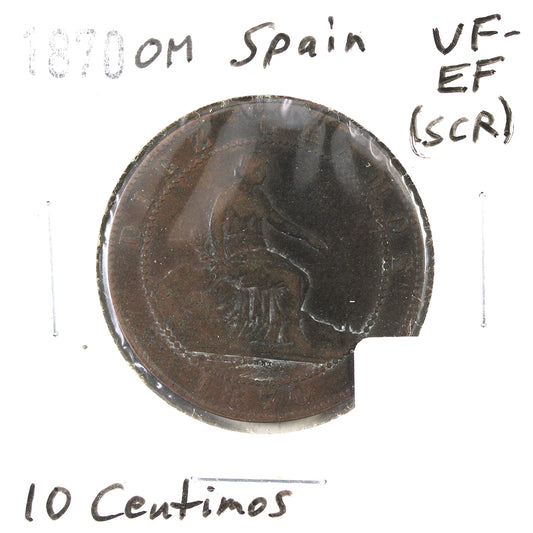 Spain 1870OM 10 Centimos VF-EF (VF-30) Scratched