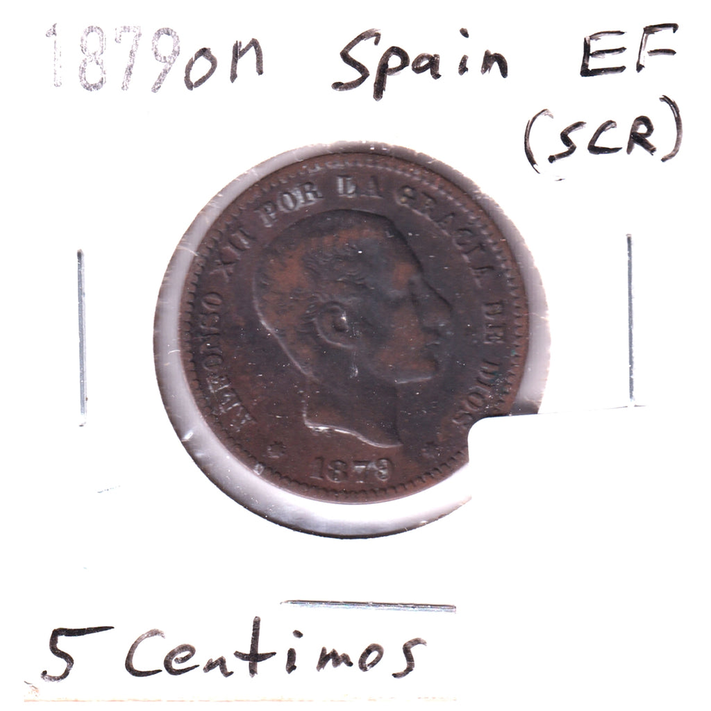 Spain 1879OM 5 Centimos Extra Fine (EF-40) Scratched