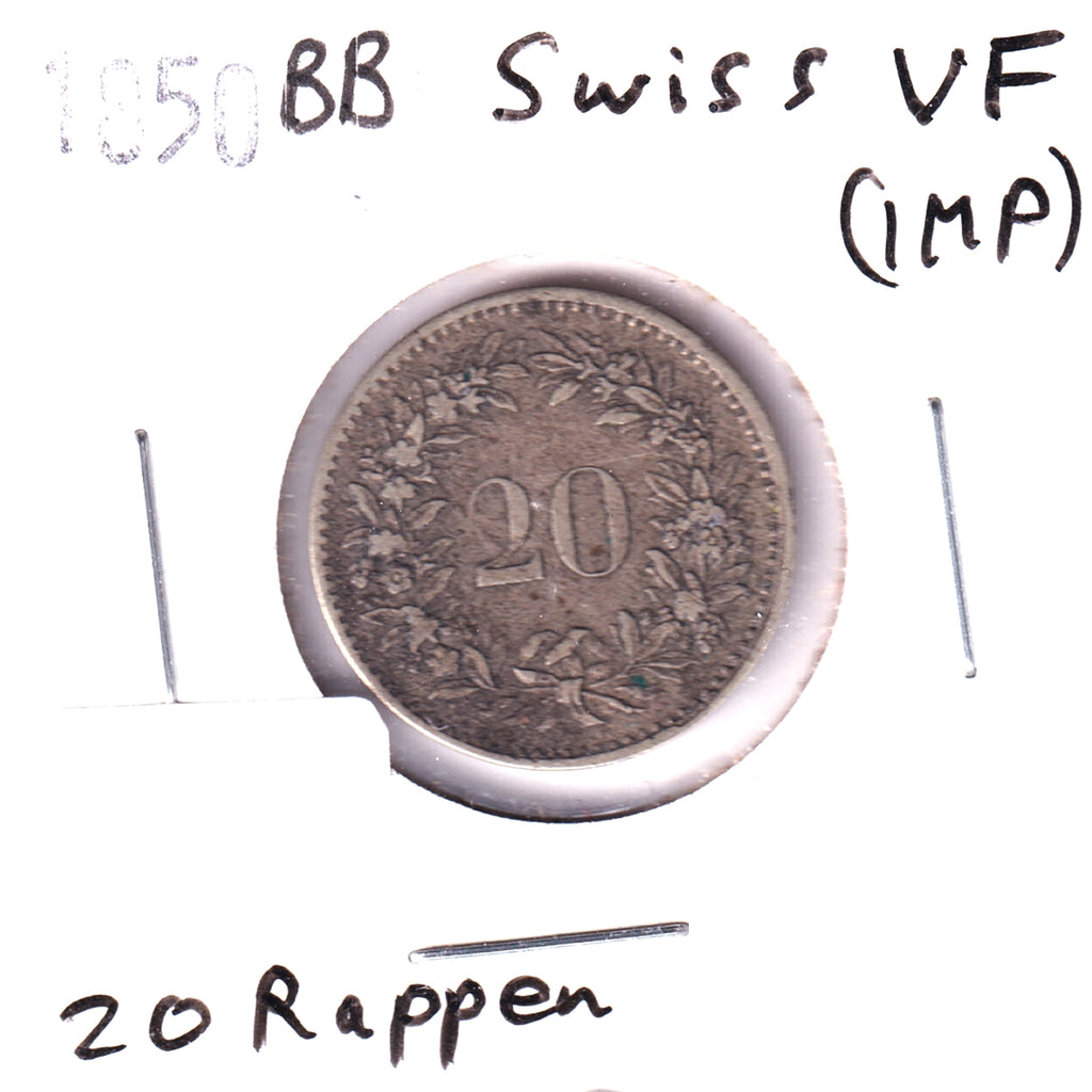 Switzerland 1850BB 20 Rappen Very Fine (VF-20) Impaired