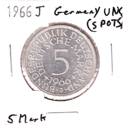 Germany 1966J 5 Mark Uncirculated (MS-60) Spots