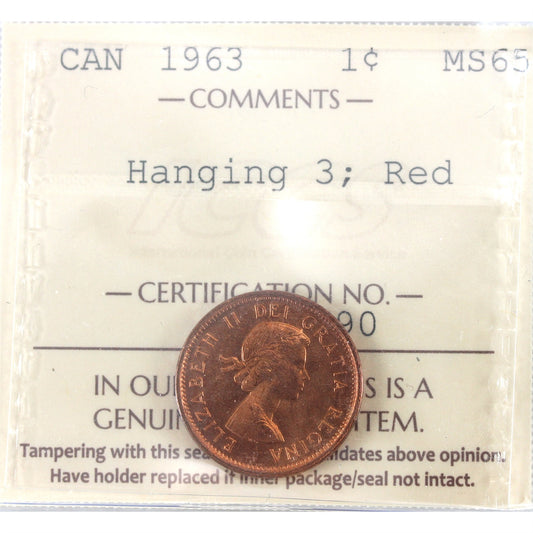 1963 Hanging 3 Canada 1-cent ICCS Certified MS-65 Red