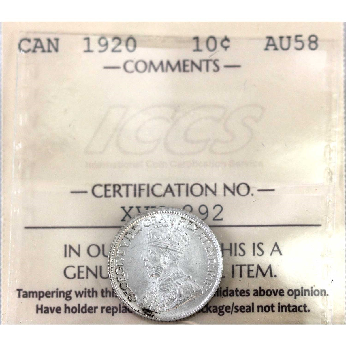 1920 Canada 10-cents ICCS Certified AU-58