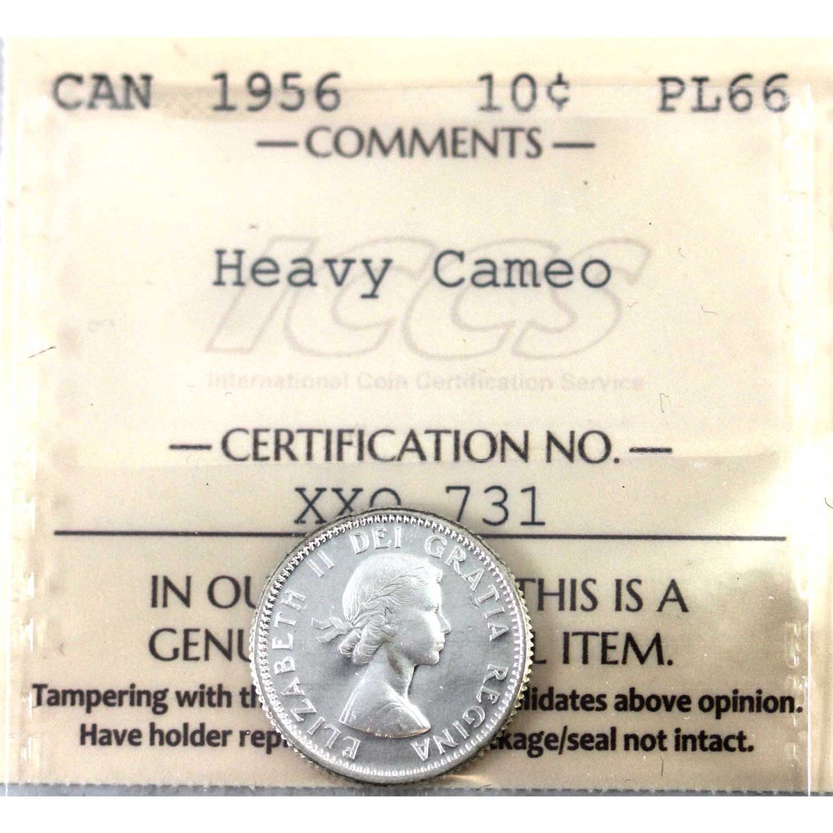 1956 Canada 10-cents ICCS Certified PL-66 Heavy Cameo