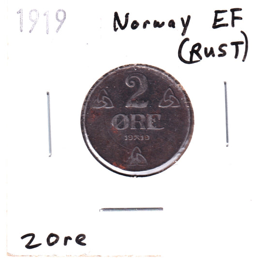 Norway 1919 2 Ore Extra Fine (EF-40) Rust