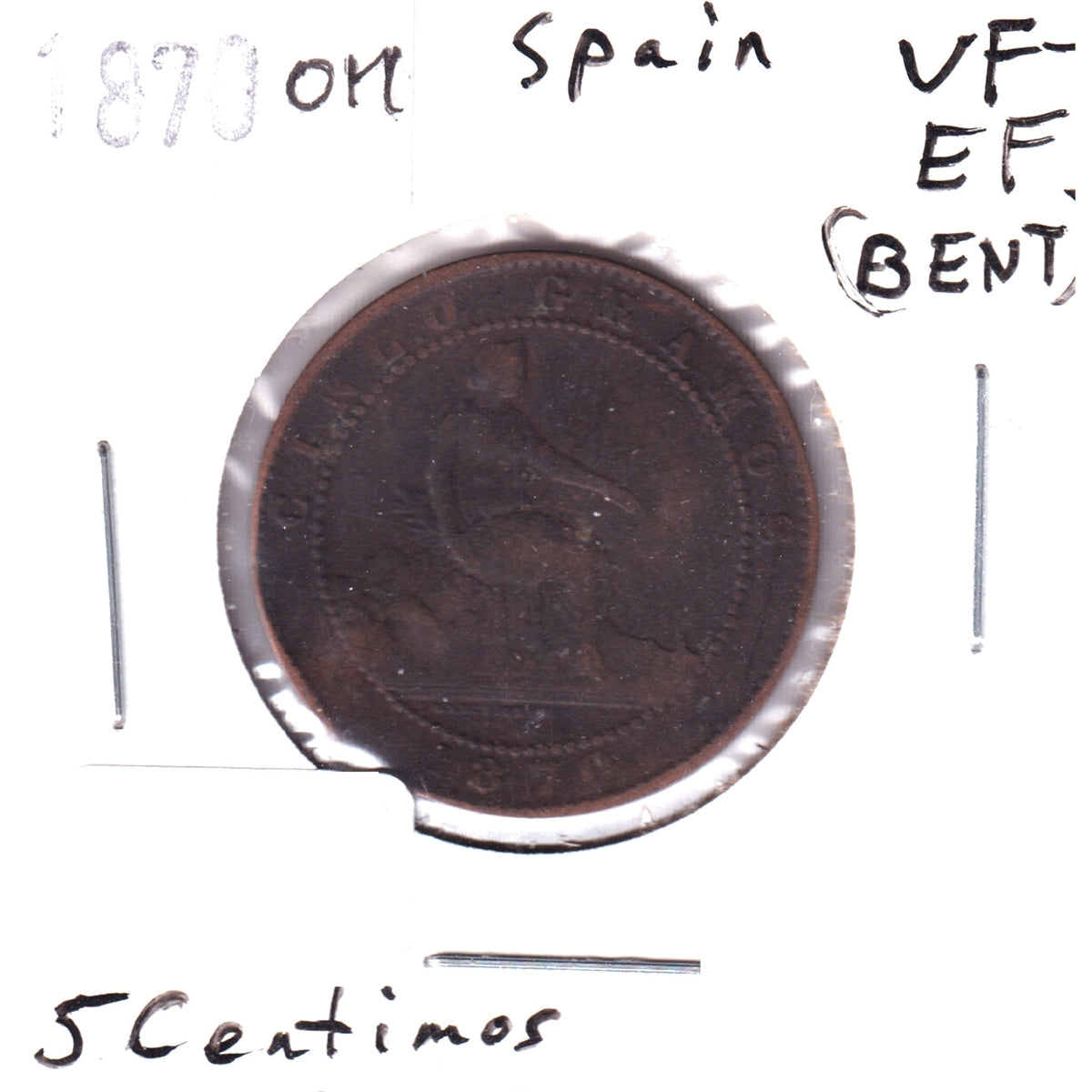 Spain 1870OM 5 Centimos VF-EF (VF-30) Bent