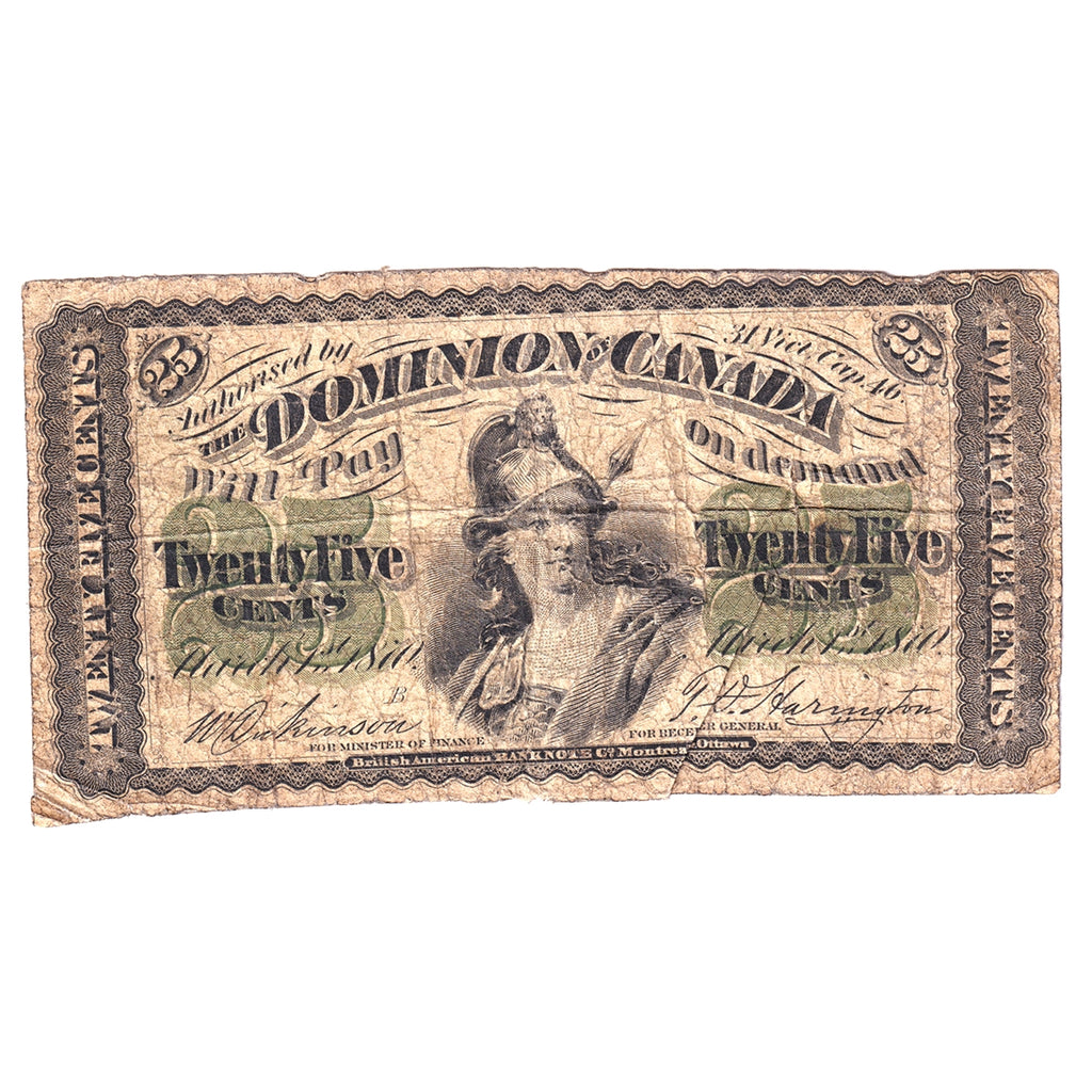 DC-1b-i 1870 Dominion 25-cent Shinplaster, Dickinson-Harington, Small B, VG (Holes)