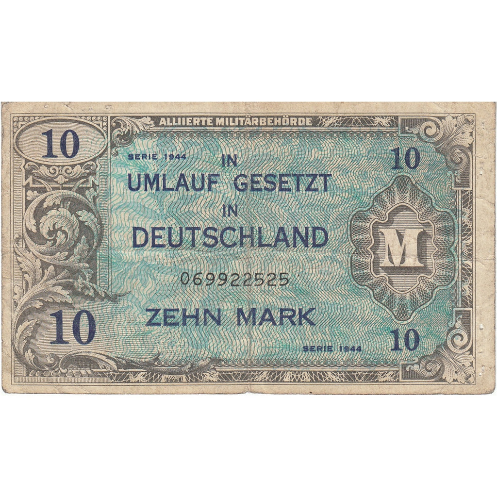 Germany Note 1944 10 Mark 9 Digit with F, F (holes)