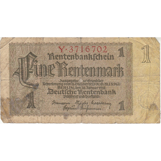 Germany Note 1937 1 Rentenmark 7 Digit, VG (damaged)