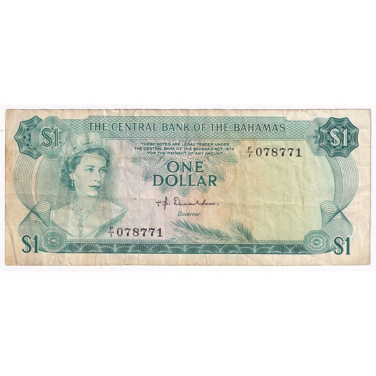 Bahamas Note Pick #35a 1974 1 Dollar, Donaldson, VF (soiling)