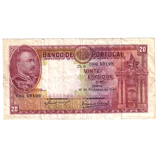 Portugal Pick #143 Note 1940 20 Escudos VF (damaged)