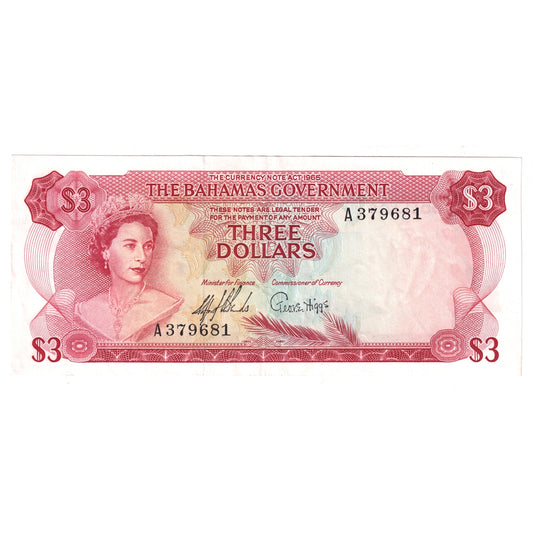 Bahamas Note, Pick #19a 1965 3 Dollars, 2 Signatures, EF-AU (EF-45) Writing