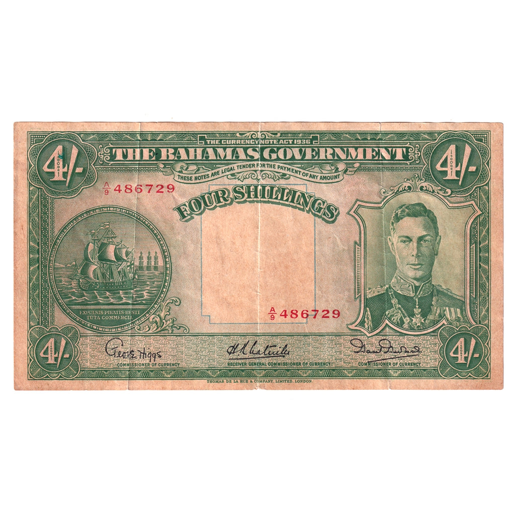 Bahamas Note, Pick #9e 1936 4 Shillings, VF-EF (VF-30) Tear