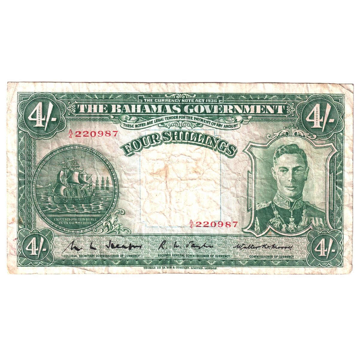 Bahamas Note, Pick #9a 1936 4 Shillings, Very Fine (VF-20) Stains