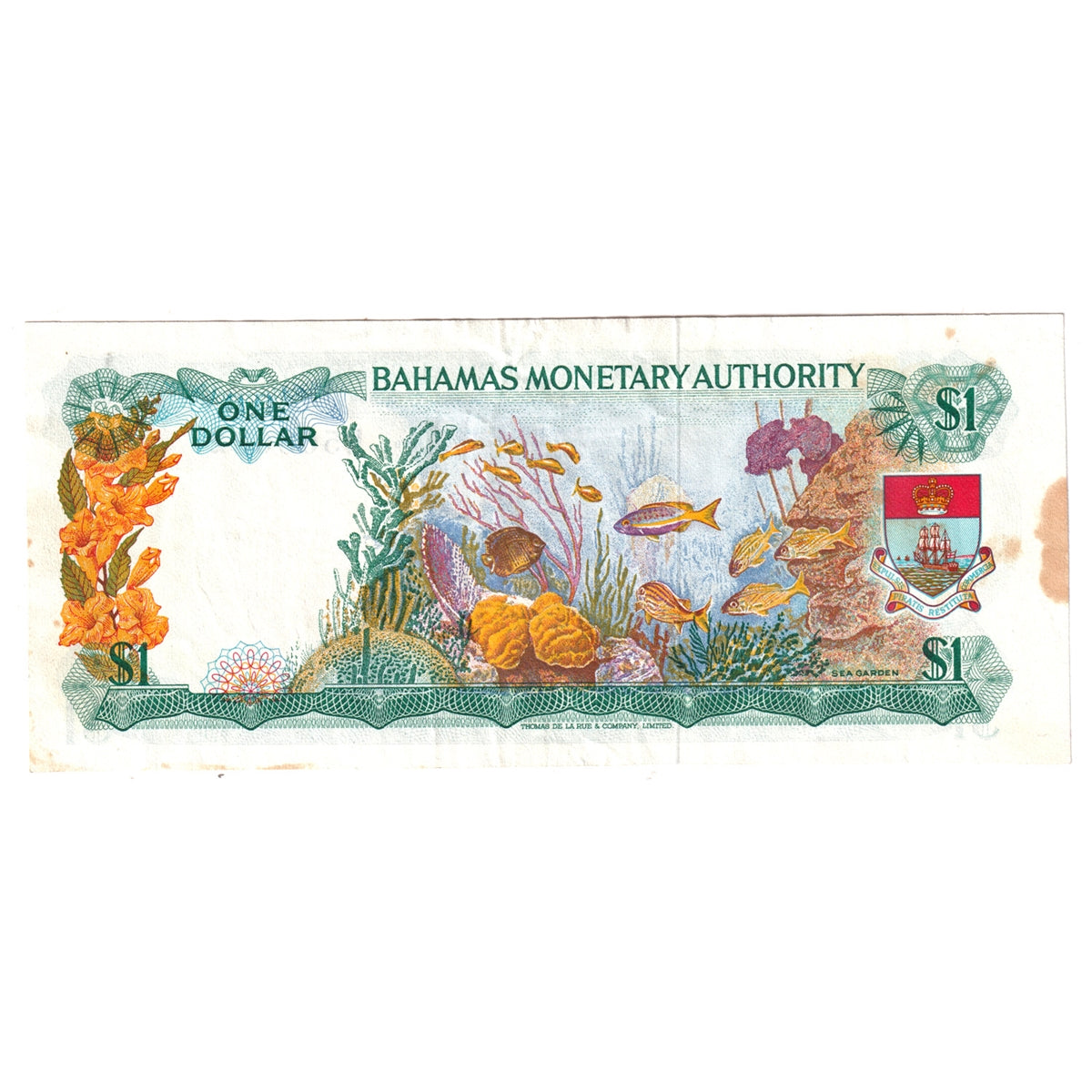 Bahamas Note, Pick #27a 1968 1 Dollar, Almost Uncirculated (AU-50) Stain