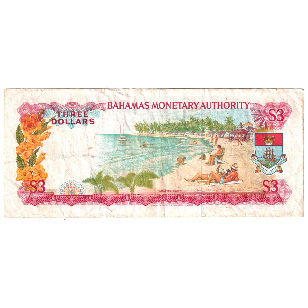 Bahamas Note, Pick #28a 1968 3 Dollars, Very Fine (VF-20) Damaged