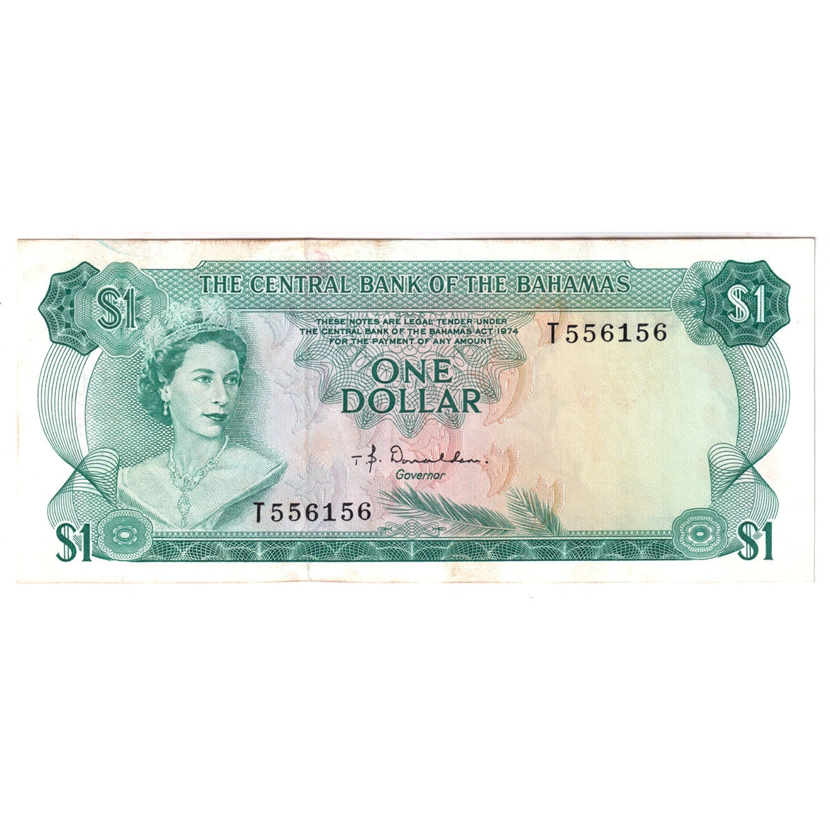 Bahamas Note, Pick #35a 1974 1 Dollar, Donaldson, AU-UNC (AU-55) Stain