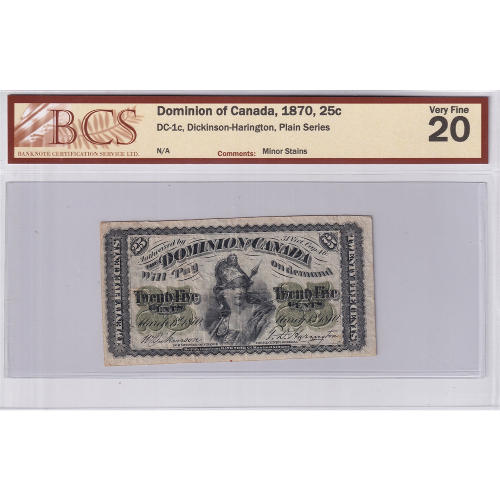 DC-1c 1870 Dominion 25-cent Shinplaster D-H, Plain, BCS Certified VF-20 (Minor Stains)