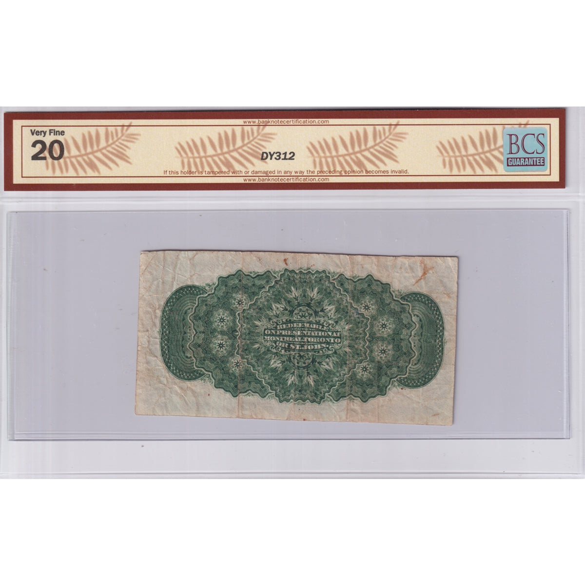 DC-1c 1870 Dominion 25-cent Shinplaster D-H, Plain, BCS Certified VF-20 (Minor Stains)