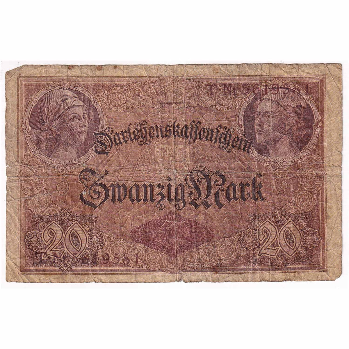 Germany Note 1914 20 Mark, 7 Digit G (damaged)