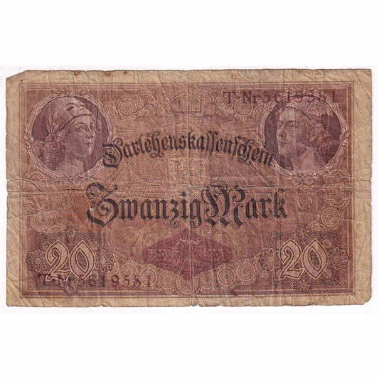 Germany Note 1914 20 Mark, 7 Digit G (damaged)