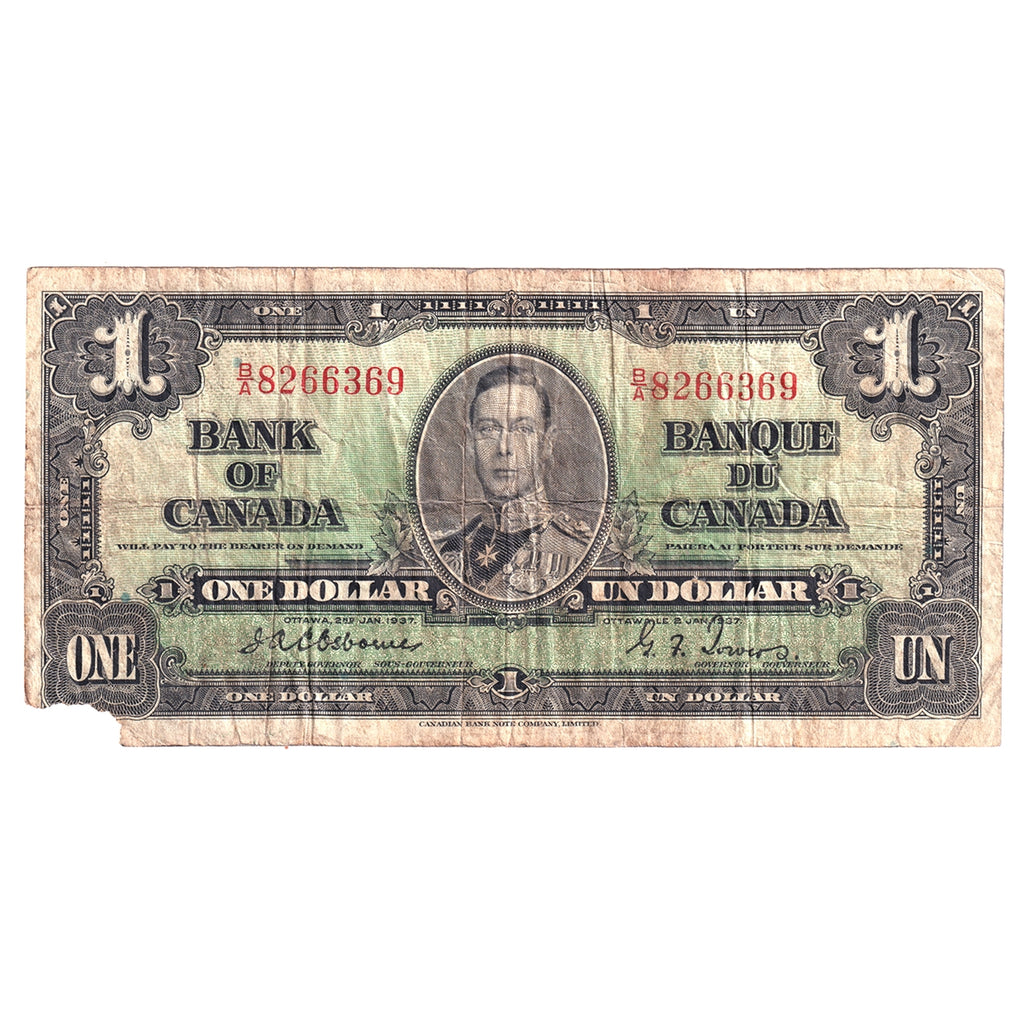 BC-21a 1937 Canada $1 Osborne-Towers, B/A, F-VF (Damaged)