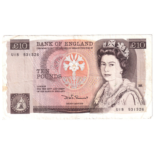 Great Britain Note BE160b 1980 10 Pounds, U--, VF (Damaged)