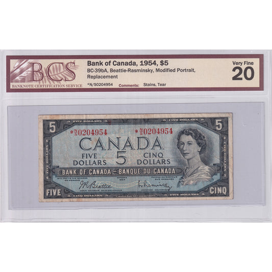 BC-39bA 1954 Canada $5 Beattie-R, Modified, Repl., *N/S, BCS Cert VF-20 (Stains, Tear)