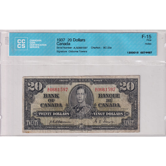 BC-25a 1937 Canada $20 Osborne-Towers, A/E, CCCS Certified F-15 (Holes)