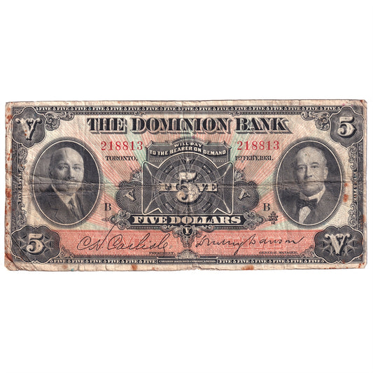 220-24-04 1931 Dominion Bank $5 Carlisle-Dawson, F (Damaged)