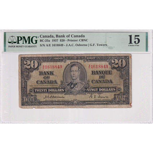 BC-25a 1937 Canada $20 Osborne-Towers, A/E, PMG Certified F-15