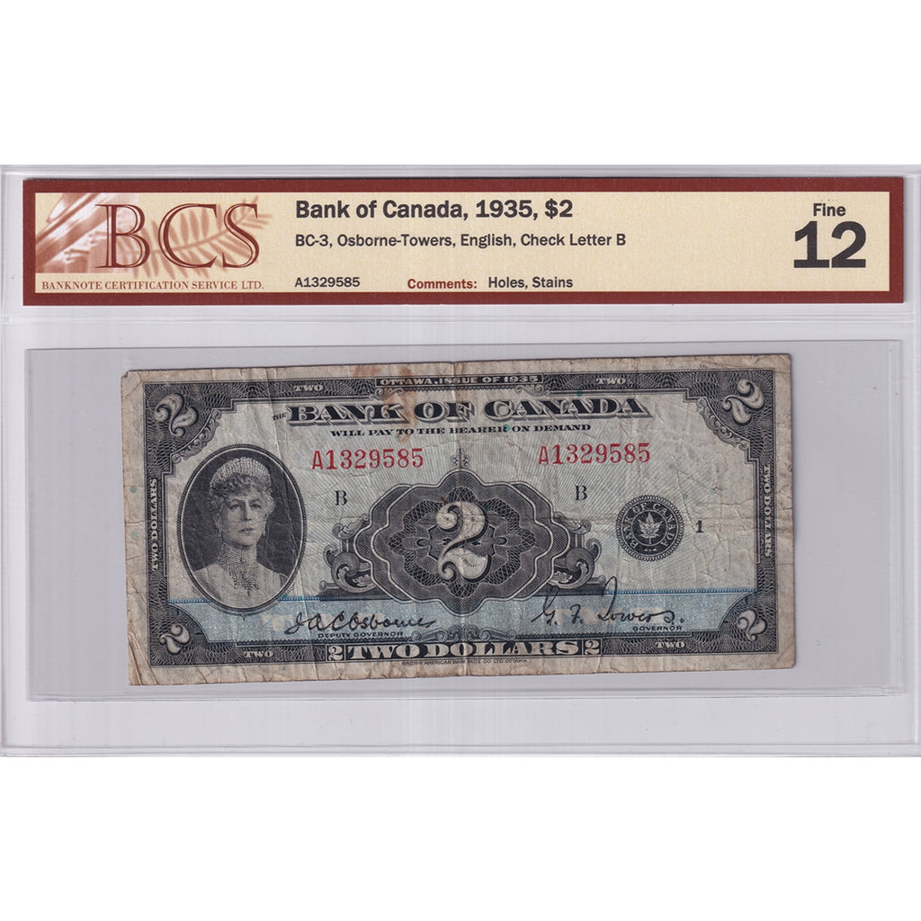 BC-3 1935 Canada $2 Osborne-Towers, English, B, BCS Certified F-12 (Holes, Stains)