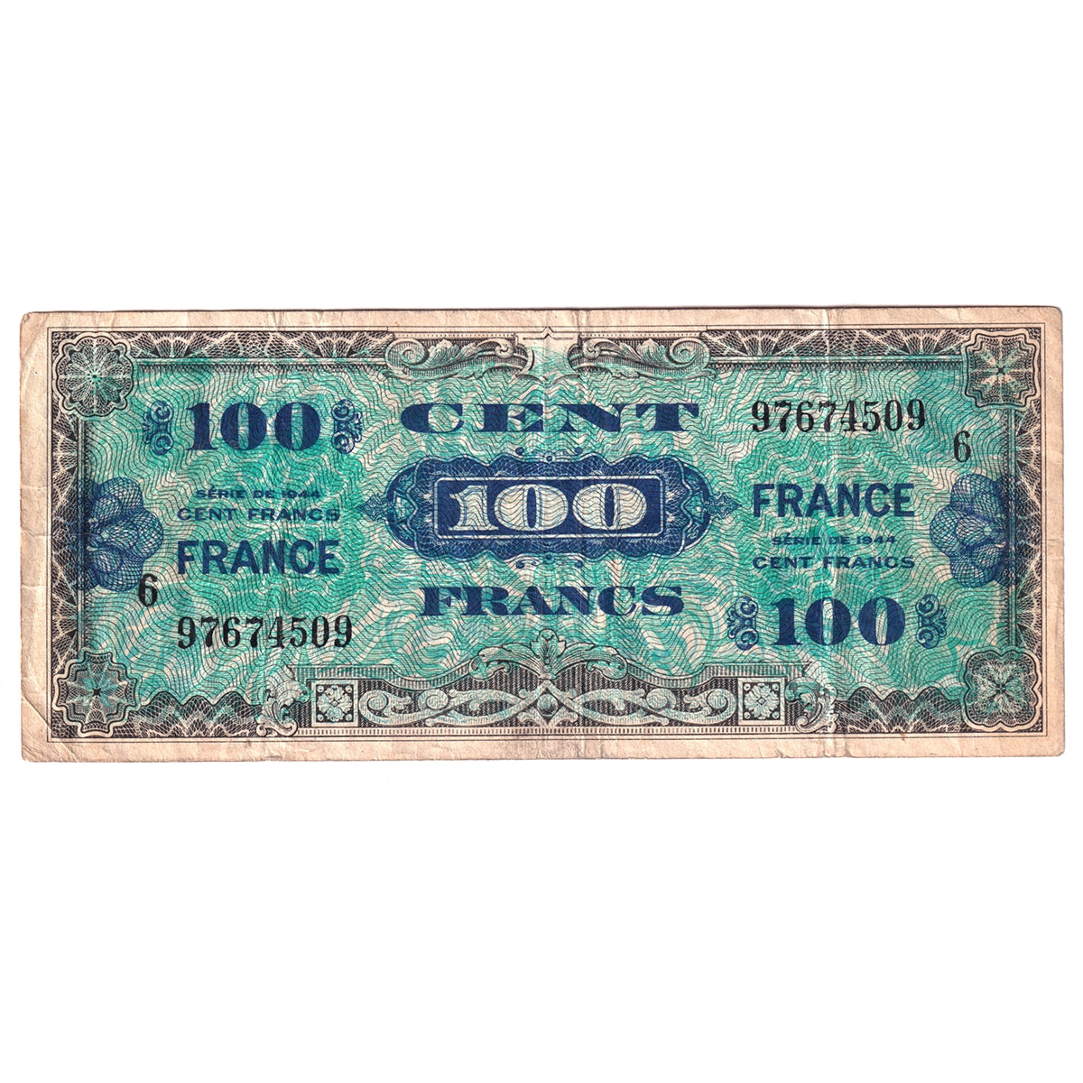 France Note, 1944 100 Francs, Pick #118a, F-VF