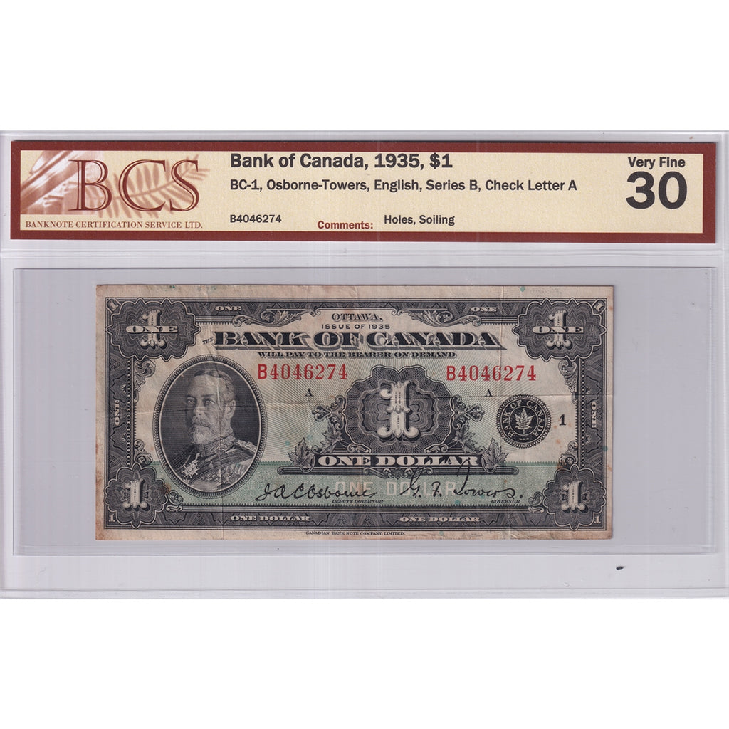 BC-1 1935 Canada $1 Osborne-Towers, English, B, BCS Certified VF-30 (Holes, Soiling)