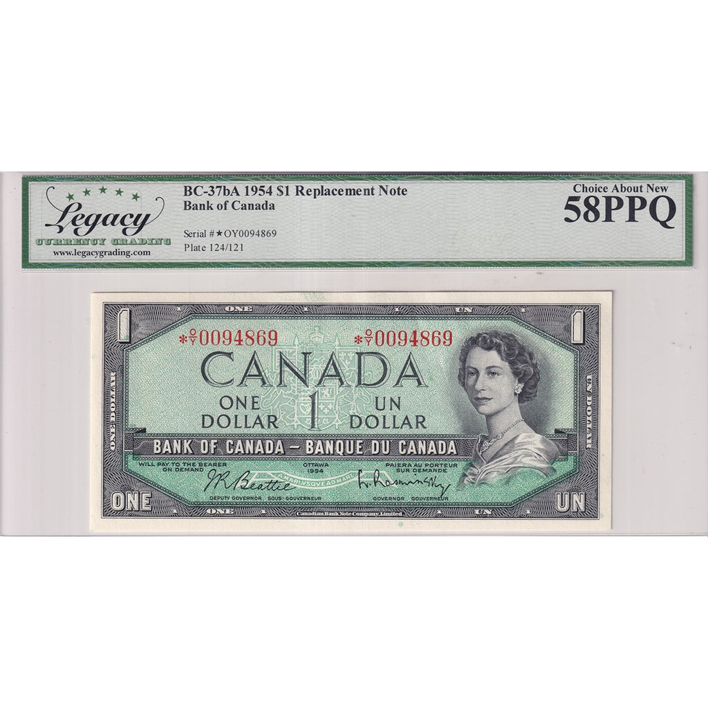 BC-37bA 1954 Canada $1 Beattie-Rasminsky Replacement, *O/Y, Legacy Certified AU-58 PPQ