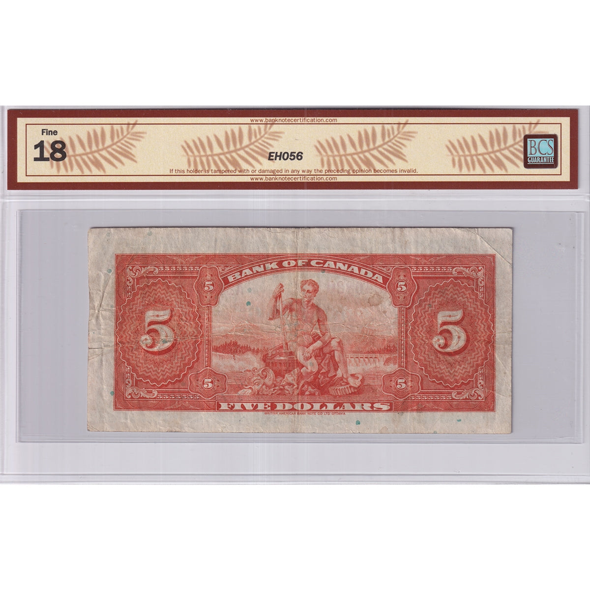 BC-5 1935 Canada $5 Osborne-Towers, English, Check A, BCS Certified F-18 (Minor Stain)