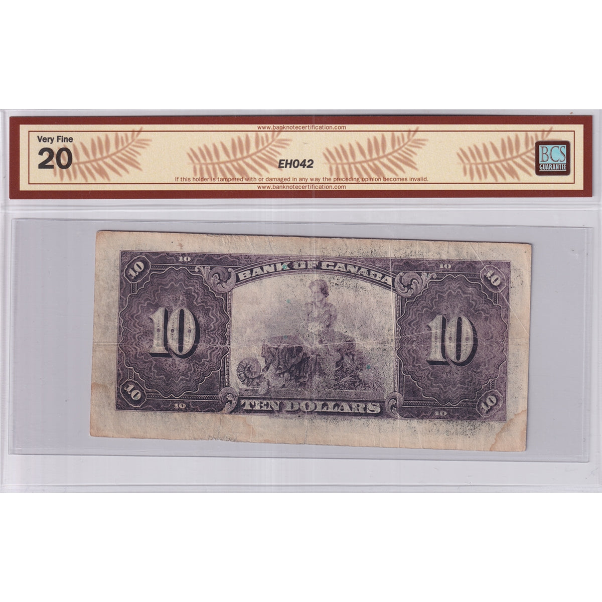 BC-7 1935 Canada $10 O-T, English, BCS Certified VF-20 (Minor Tears, Stains, Soiling)